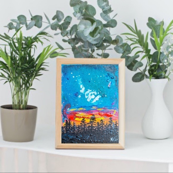 Northern Lights Painting Pine Tree Original Art Canvas Painting 6x4 Fluid Artwor - Picture 3 of 10